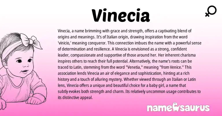 Infographic about Vinecia name meaning, Vinecia is a name from Italian origin(s).