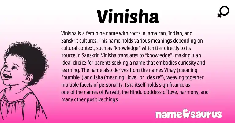 Infographic about Vinisha name meaning, Vinisha is a name from Jamaican, Indian, Sanskrit origin(s).