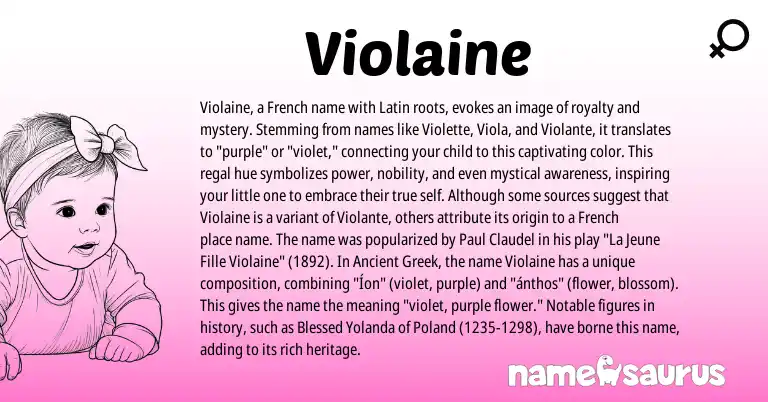 Infographic about Violaine name meaning, Violaine is a name from Ancient Greek, French, Latin origin(s).