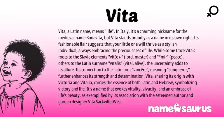 Infographic about Vita name meaning, Vita is a name from Slavic, Latin, Hebrew origin(s).
