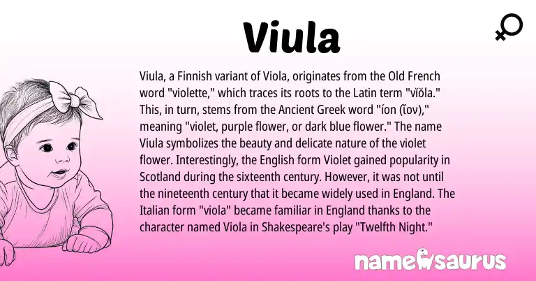 Infographic about Viula name meaning, Viula is a name from Finnish, Ancient Greek, English, Old French, England, Latin, Italian origin(s).