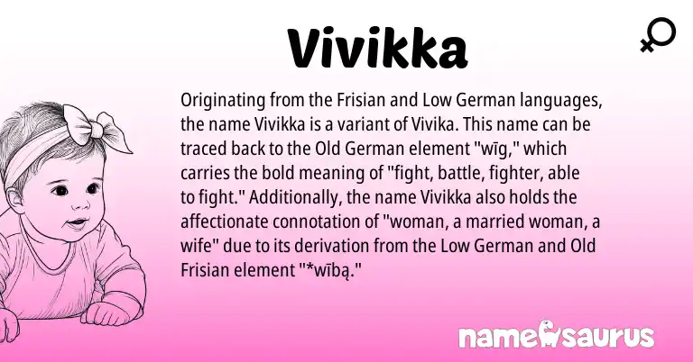Infographic about Vivikka name meaning, Vivikka is a name from Frisian, Low German, Old Frisian, Old German origin(s).