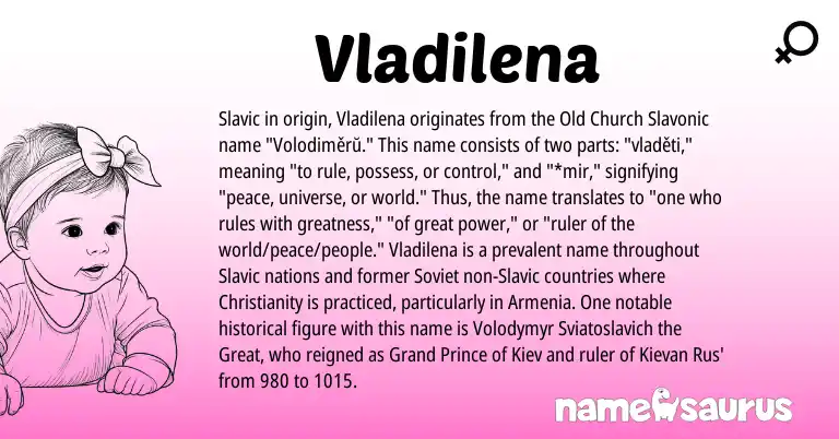 Infographic about Vladilena name meaning, Vladilena is a name from Slavic, Christianity, Soviet origin(s).