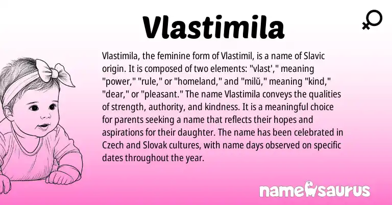 Infographic about Vlastimila name meaning, Vlastimila is a name from Slavic, Slovak, Czech origin(s).
