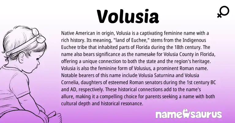 Infographic about Volusia name meaning, Volusia is a name from Native American, Roman origin(s).