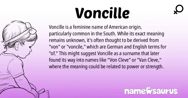 Infographic about Voncille name meaning, Voncille is a name from American (South) origin(s).