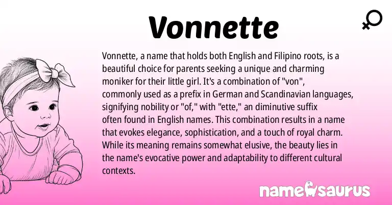 Infographic about Vonnette name meaning, Vonnette is a name from English, Filipino origin(s).
