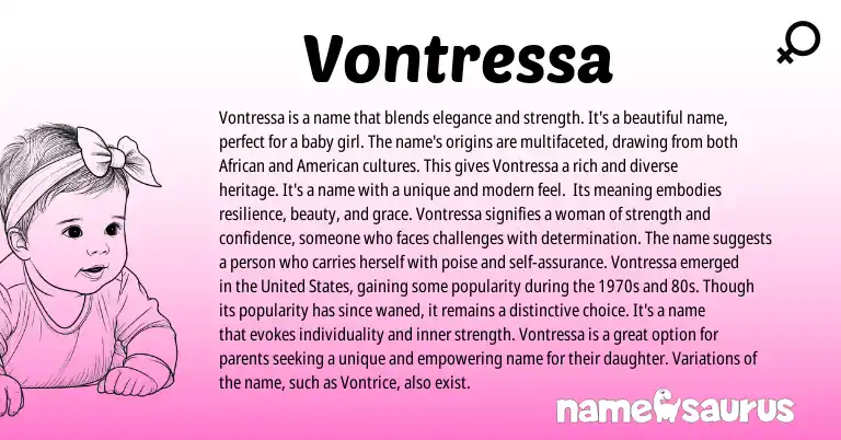 Infographic about Vontressa name meaning, Vontressa is a name from American, African origin(s).