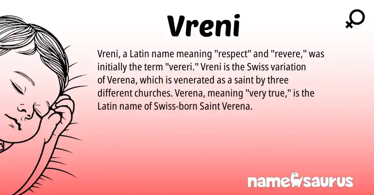 Infographic about Vreni name meaning, Vreni is a name from Swiss, Latin origin(s).