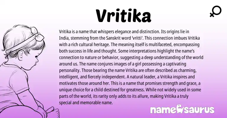Infographic about Vritika name meaning, Vritika is a name from Gujarati, Indian, Sanskrit origin(s).