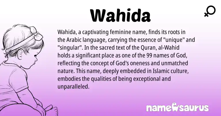Infographic about Wahida name meaning, Wahida is a name from Arabic origin(s).