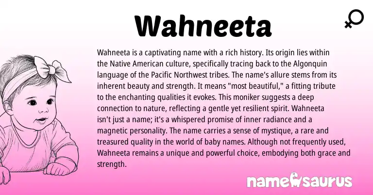 Infographic about Wahneeta name meaning, Wahneeta is a name from Algonquin, American origin(s).