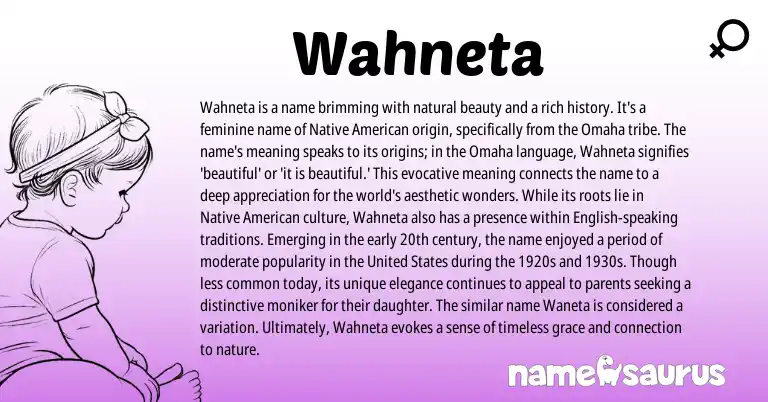 Infographic about Wahneta name meaning, Wahneta is a name from American origin(s).