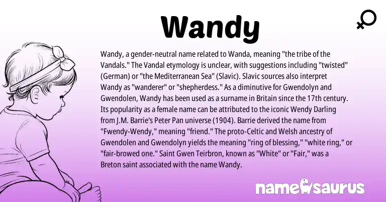 Infographic about Wandy name meaning, Wandy is a name from Breton, Slavic, Welsh, Celtic, German origin(s).