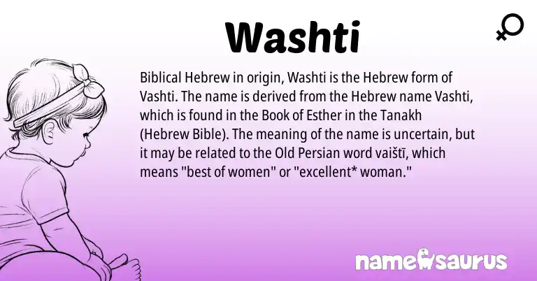 Infographic about Washti name meaning, Washti is a name from Biblical Hebrew, Hebrew, Old Persian origin(s).