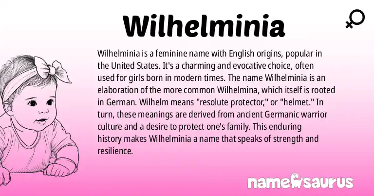 Infographic about Wilhelminia name meaning, Wilhelminia is a name from English (American) origin(s).