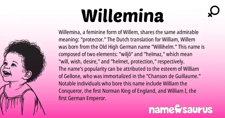 Infographic about Willemina name meaning, Willemina is a name from Old High German, England, German, Dutch, Norman origin(s).