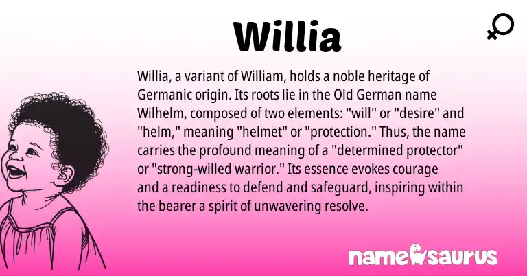 Infographic about Willia name meaning, Willia is a name from Old German, Germanic origin(s).