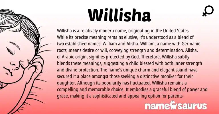 Infographic about Willisha name meaning, Willisha is a name from Germanic, Arabic origin(s).