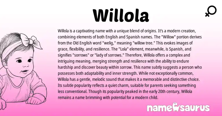 Infographic about Willola name meaning, Willola is a name from English, Spanish origin(s).