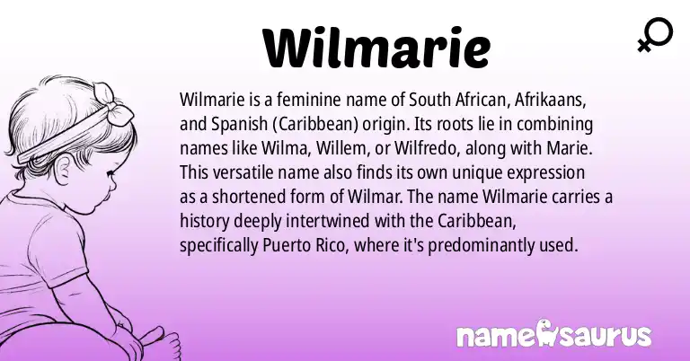 Infographic about Wilmarie name meaning, Wilmarie is a name from Afrikaans, South African, Spanish (Caribbean), English origin(s).
