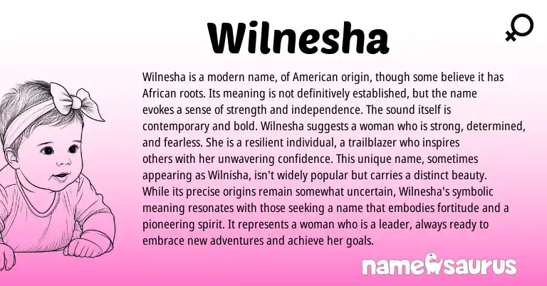 Infographic about Wilnesha name meaning, Wilnesha is a name from American origin(s).