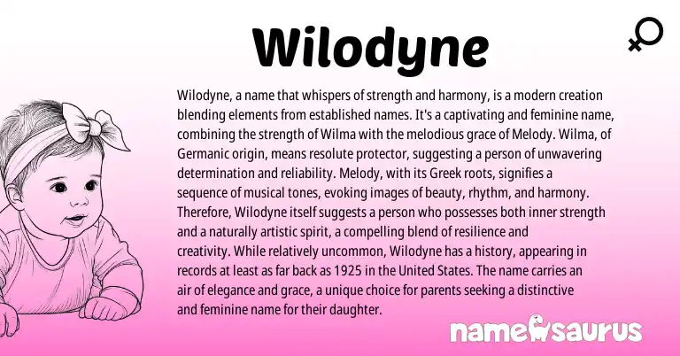 Infographic about Wilodyne name meaning, Wilodyne is a name from Germanic, Greek origin(s).