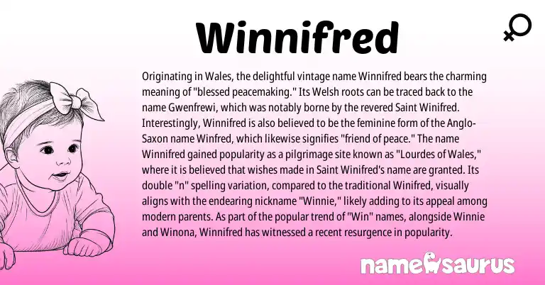 Infographic about Winnifred name meaning, Winnifred is a name from Welsh, Anglo-Saxon origin(s).