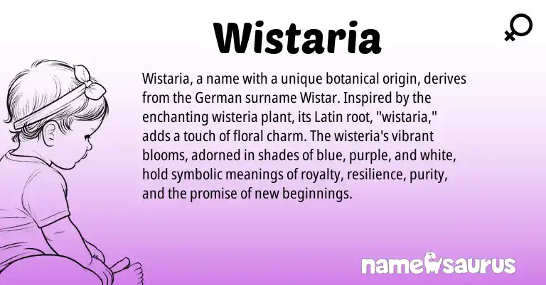 Infographic about Wistaria name meaning, Wistaria is a name from German, Latin origin(s).
