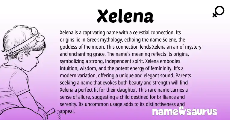 Infographic about Xelena name meaning, Xelena is a name from Greek origin(s).