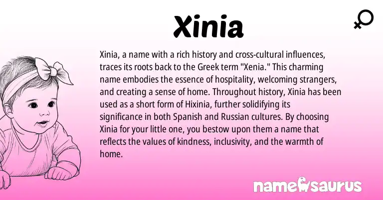 Infographic about Xinia name meaning, Xinia is a name from Russian, Spanish, Greek origin(s).