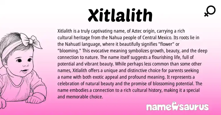 Infographic about Xitlalith name meaning, Xitlalith is a name from Nahuatl, Aztec origin(s).