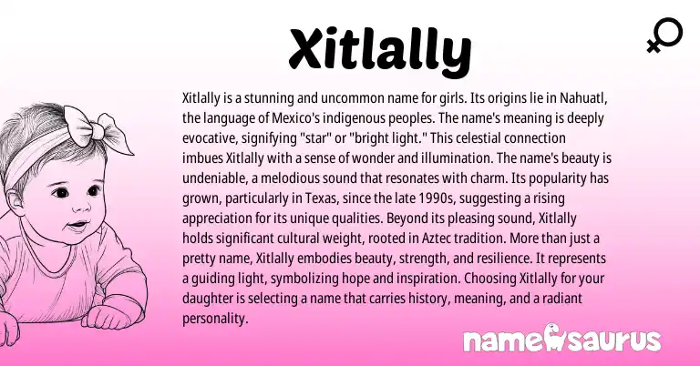 Infographic about Xitlally name meaning, Xitlally is a name from Nahuatl origin(s).