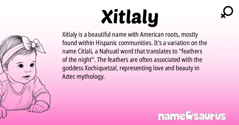 Infographic about Xitlaly name meaning, Xitlaly is a name from American (Hispanic) origin(s).
