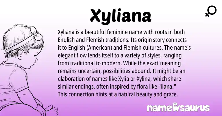 Infographic about Xyliana name meaning, Xyliana is a name from English (American), Flemish origin(s).