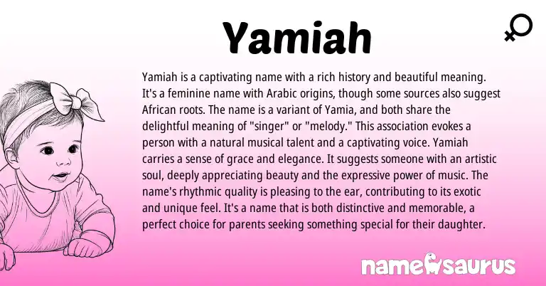 Infographic about Yamiah name meaning, Yamiah is a name from Arabic origin(s).