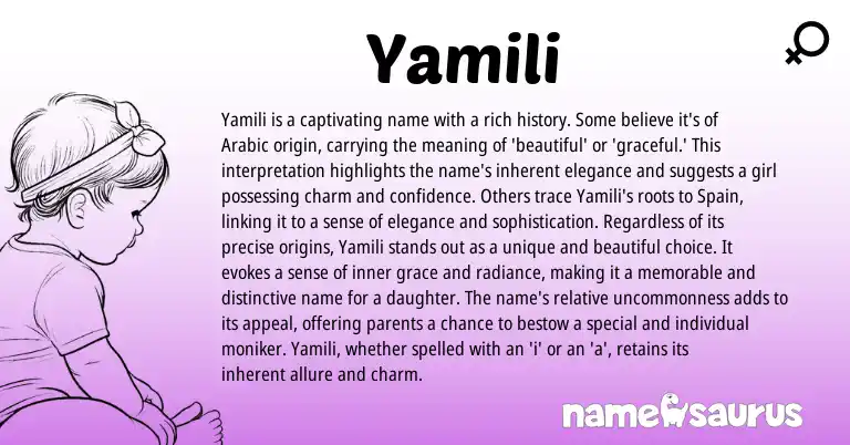 Infographic about Yamili name meaning, Yamili is a name from Arabic origin(s).