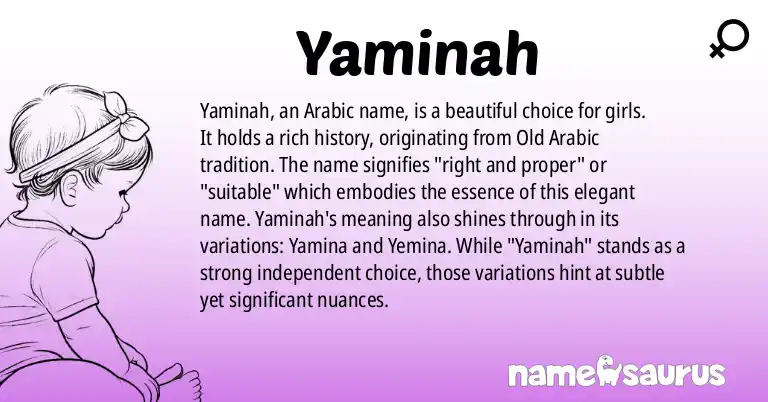 Infographic about Yaminah name meaning, Yaminah is a name from Arabic origin(s).