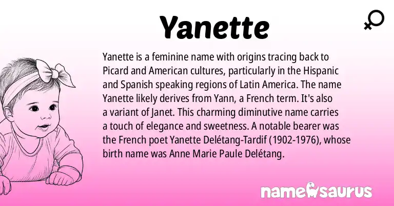 Infographic about Yanette name meaning, Yanette is a name from Picard, American (Hispanic), Spanish (Latin American) origin(s).
