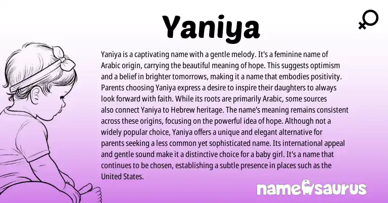 Infographic about Yaniya name meaning, Yaniya is a name from Arabic origin(s).