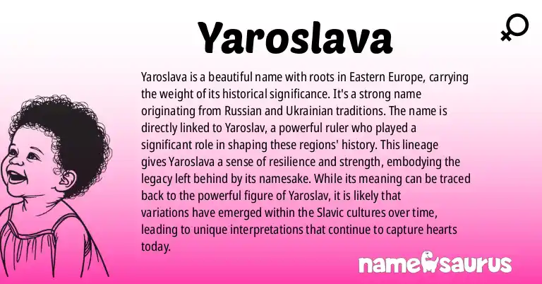 Infographic about Yaroslava name meaning, Yaroslava is a name from Russian, Ukrainian, Medieval Slavic origin(s).