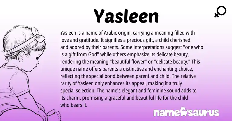 Infographic about Yasleen name meaning, Yasleen is a name from Arabic origin(s).