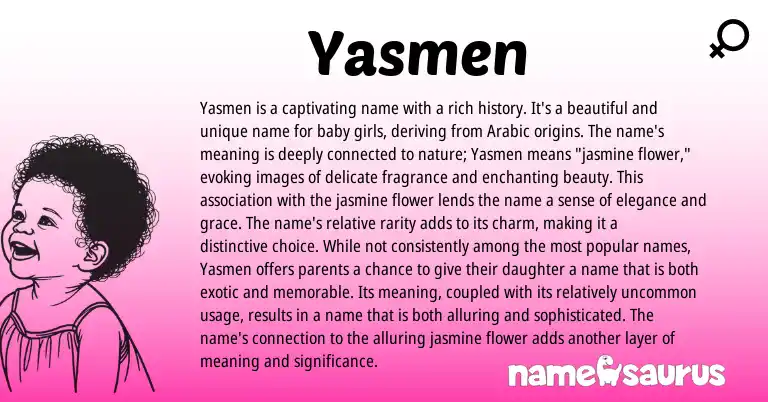 Infographic about Yasmen name meaning, Yasmen is a name from Arabic origin(s).