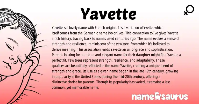 Infographic about Yavette name meaning, Yavette is a name from Germanic, French origin(s).