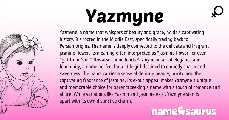 Infographic about Yazmyne name meaning, Yazmyne is a name from Persian origin(s).