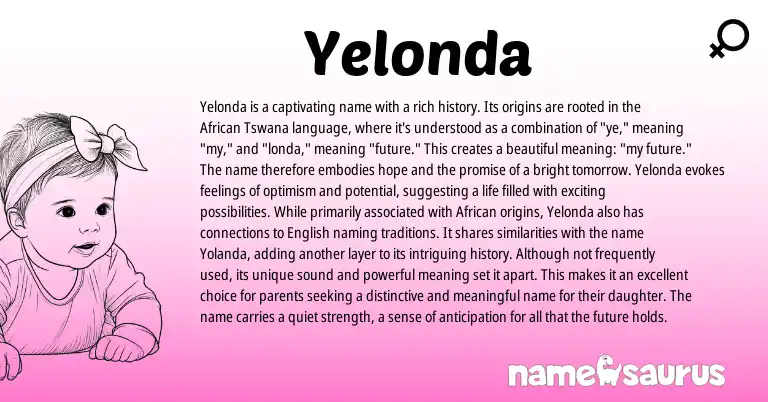 Infographic about Yelonda name meaning, Yelonda is a name from African, Tswana origin(s).
