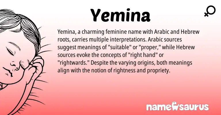 Infographic about Yemina name meaning, Yemina is a name from Arabic, Hebrew origin(s).