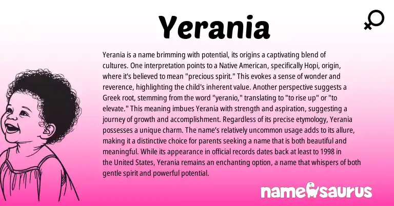 Infographic about Yerania name meaning, Yerania is a name from Hopi, American origin(s).