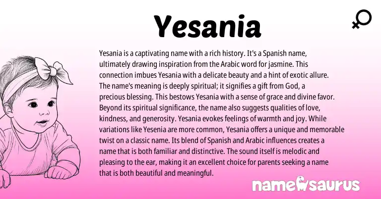 Infographic about Yesania name meaning, Yesania is a name from Spanish origin(s).
