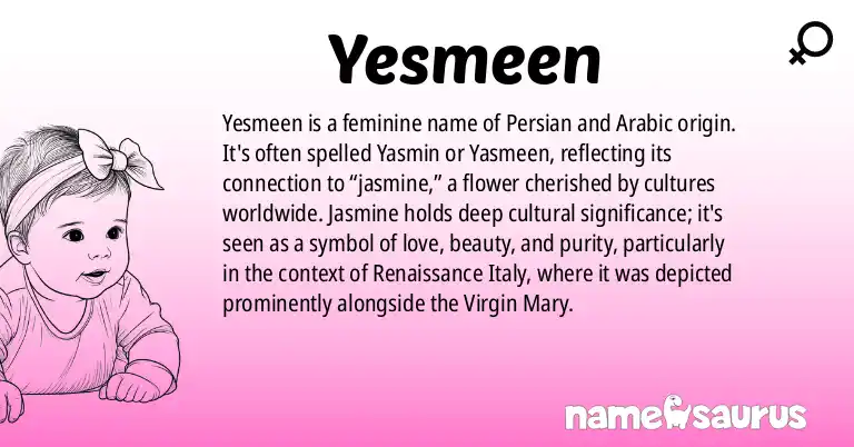 Infographic about Yesmeen name meaning, Yesmeen is a name from Persian, Arabic origin(s).